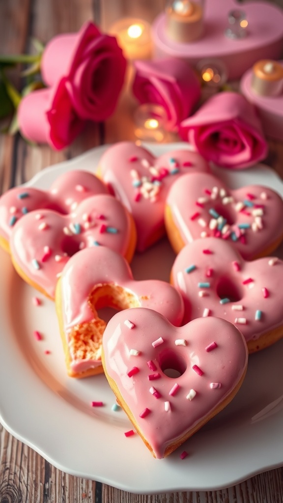 Heart-shaped donuts with pink glaze and sprinkles on a decorative plate for Valentine